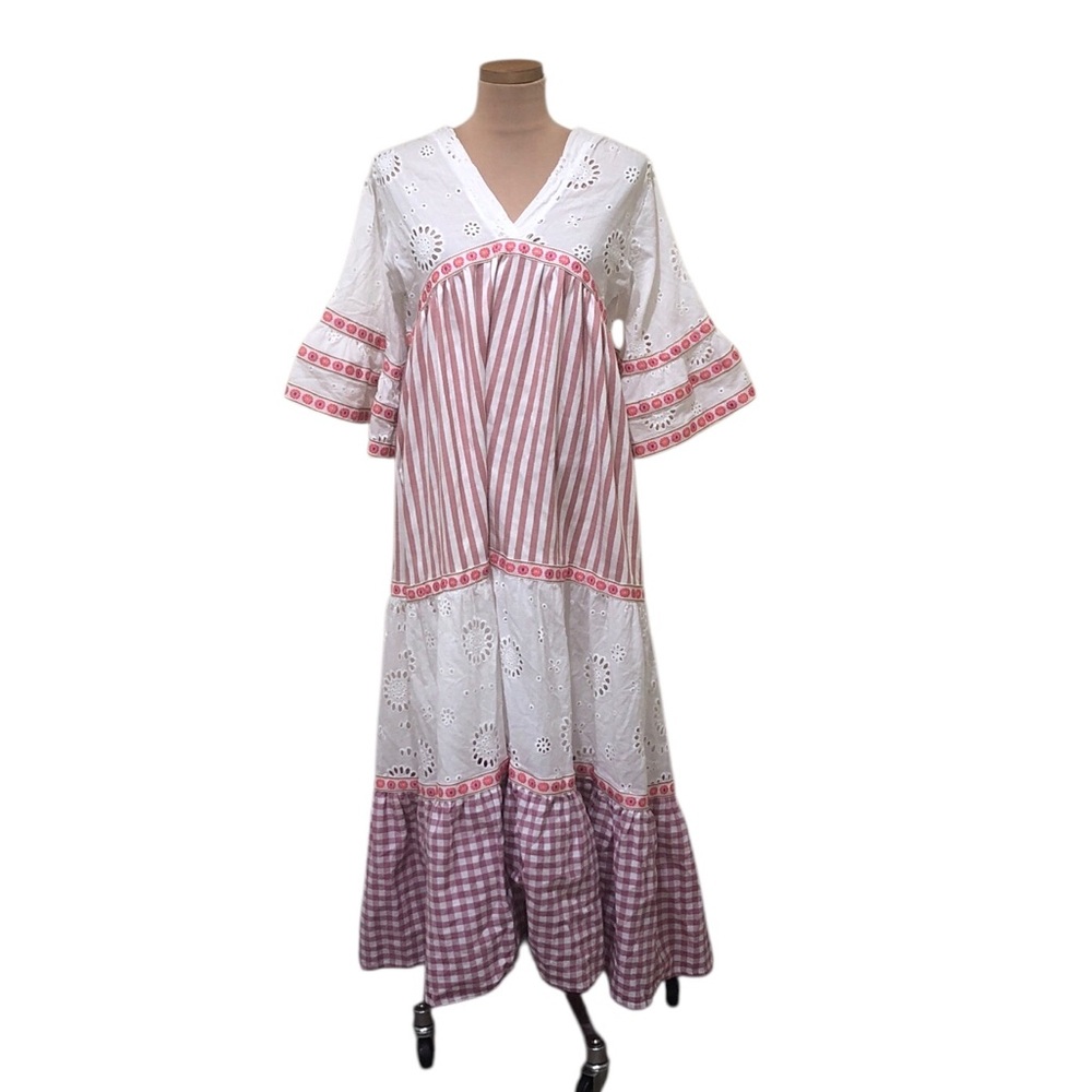 Blanco De Ibiza By Isabel Tavares Maxi Dress Medium White Pink Eyelet Stripe